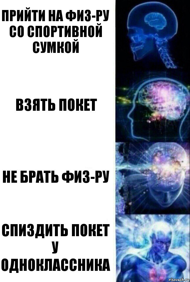 Прийти на физ-ру со спортивной сумкой взять покет не брать физ-ру спиздить покет у одноклассника, Комикс  Сверхразум