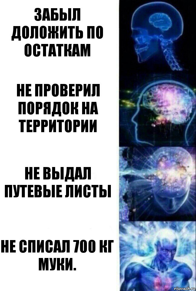 забыл доложить по остаткам не проверил порядок на территории не выдал путевые листы не списал 700 кг муки., Комикс  Сверхразум