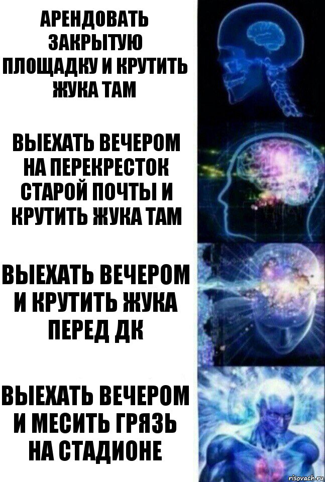 Арендовать закрытую площадку и крутить жука там Выехать вечером на перекресток старой почты и крутить жука там Выехать вечером и крутить жука перед дк Выехать вечером и месить грязь на стадионе, Комикс  Сверхразум