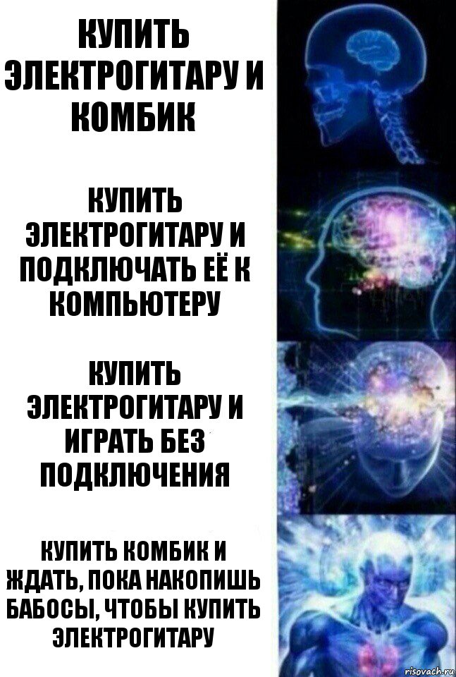 купить электрогитару и комбик купить электрогитару и подключать её к компьютеру купить электрогитару и играть без подключения купить комбик и ждать, пока накопишь бабосы, чтобы купить электрогитару, Комикс  Сверхразум