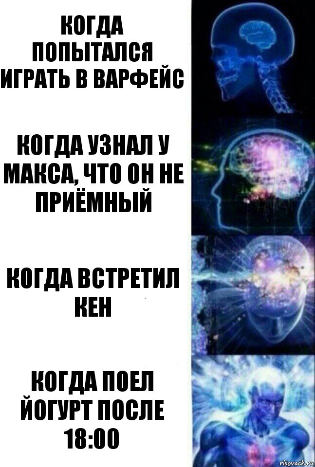 Когда попытался играть в варфейс Когда узнал у Макса, что он не приёмный Когда встретил Кен Когда поел йогурт после 18:00, Комикс  Сверхразум