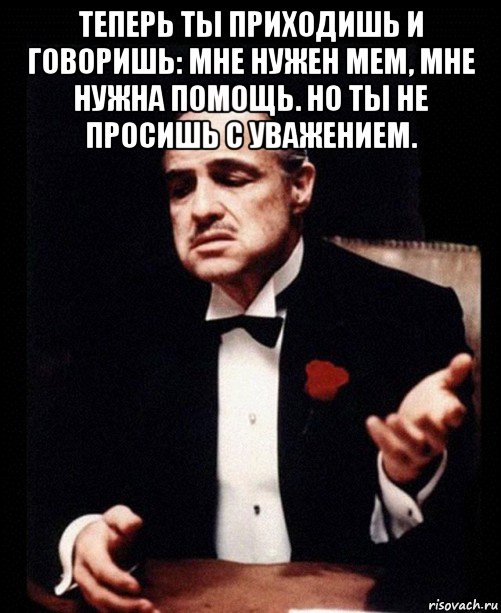 теперь ты приходишь и говоришь: мне нужен мем, мне нужна помощь. но ты не просишь с уважением. , Мем ты делаешь это без уважения