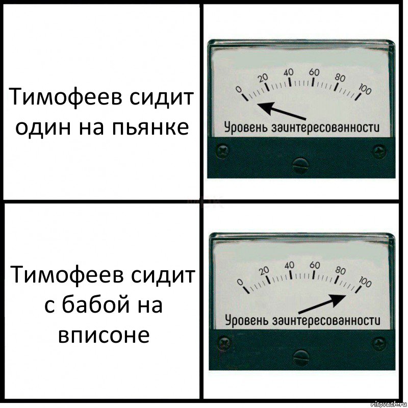 Тимофеев сидит один на пьянке Тимофеев сидит с бабой на вписоне, Комикс Уровень заинтересованности