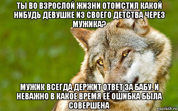 ты во взрослой жизни отомстил какой нибудь девушке из своего детства через мужика? мужик всегда держит ответ за бабу. и неважно в какое время её ошибка была совершена, Мем   Volf