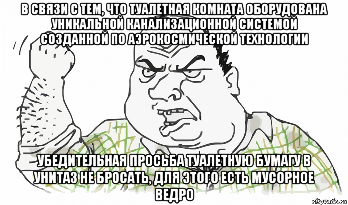 в связи с тем, что туалетная комната оборудована уникальной канализационной системой созданной по аэрокосмической технологии убедительная просьба туалетную бумагу в унитаз не бросать, для этого есть мусорное ведро, Мем Будь мужиком