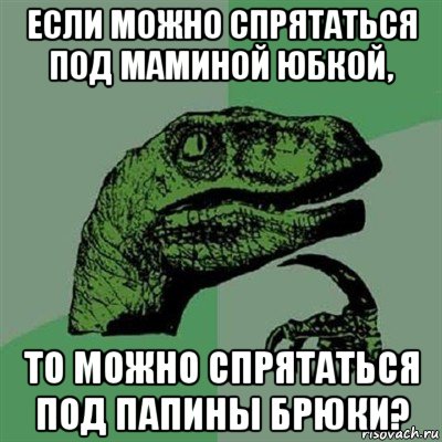 если можно спрятаться под маминой юбкой, то можно спрятаться под папины брюки?, Мем Филосораптор