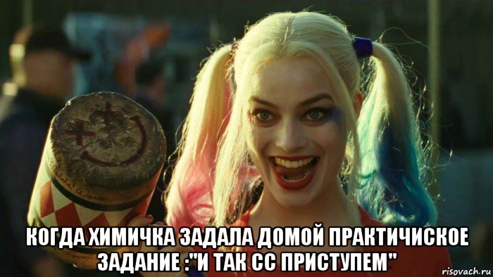  когда химичка задала домой практичиское задание :"и так сс приступем", Мем    Harley quinn