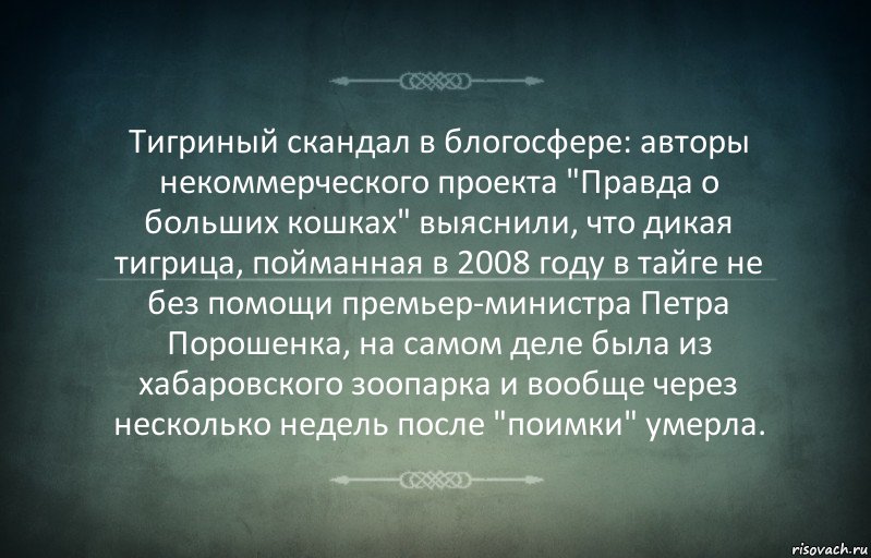 Тигриный скандал в блогосфере: авторы некоммерческого проекта "Правда о больших кошках" выяснили, что дикая тигрица, пойманная в 2008 году в тайге не без помощи премьер-министра Петра Порошенка, на самом деле была из хабаровского зоопарка и вообще через несколько недель после "поимки" умерла., Комикс Игра слов 3