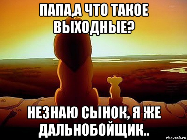 папа,а что такое выходные? незнаю сынок, я же дальнобойщик.., Мем  король лев