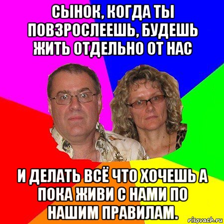 сынок, когда ты повзрослеешь, будешь жить отдельно от нас и делать всё что хочешь а пока живи с нами по нашим правилам., Мем  Типичные родители