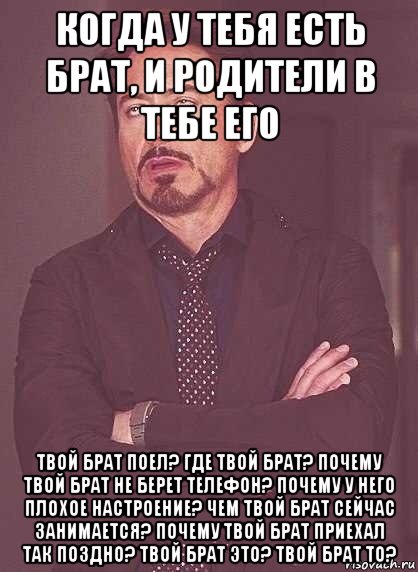 когда у тебя есть брат, и родители в тебе его твой брат поел? где твой брат? почему твой брат не берет телефон? почему у него плохое настроение? чем твой брат сейчас занимается? почему твой брат приехал так поздно? твой брат это? твой брат то?