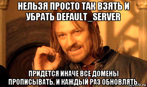 нельзя просто так взять и убрать default_server придется иначе все домены прописывать. и каждый раз обновлять., Мем Нельзя просто так взять и (Боромир мем)