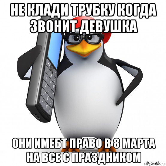 не клади трубку когда звонит девушка они имебт право в 8 марта на все с праздником, Мем   Пингвин звонит