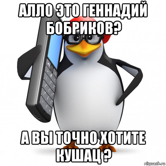 алло это геннадий бобриков? а вы точно хотите кушац ?, Мем   Пингвин звонит