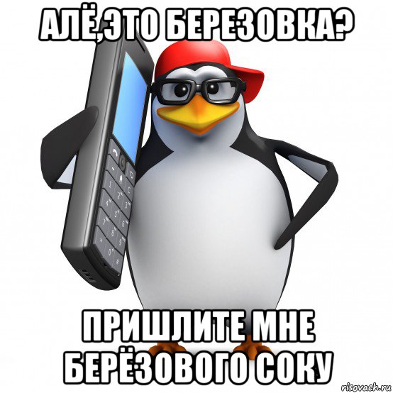 алё,это березовка? пришлите мне берёзового соку, Мем   Пингвин звонит