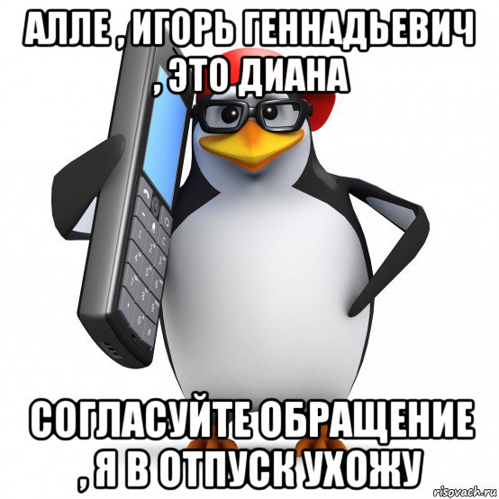 алле , игорь геннадьевич , это диана согласуйте обращение , я в отпуск ухожу, Мем   Пингвин звонит