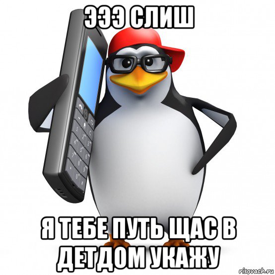 эээ слиш я тебе путь щас в детдом укажу, Мем   Пингвин звонит