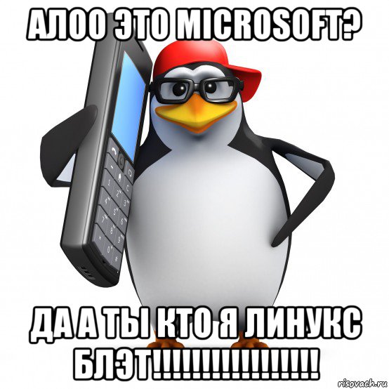 алоо это microsoft? да а ты кто я линукс блэт!!!!!!!!!!!!!!!!!, Мем   Пингвин звонит