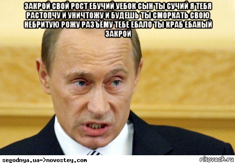 закрой свой рост ебучий уебок сын ты сучий я тебя растопчу и уничтожу и будешь ты сморкать свою небритую рожу разъёму тебе ебало ты краб ебаный закрой , Мем  Путин