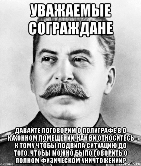 уважаемые сограждане давайте поговорим о полиграфе в о кухонном помещении. как ви относитесь к тому чтобы подвила ситуацию до того, чтобы можно было говорить о полном физическом уничтожении?, Мем  Иосиф Виссарионович Сталин