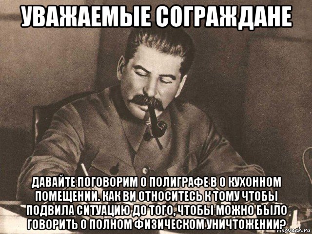 уважаемые сограждане давайте поговорим о полиграфе в о кухонном помещении. как ви относитесь к тому чтобы подвила ситуацию до того, чтобы можно было говорить о полном физическом уничтожении?, Мем Сталин