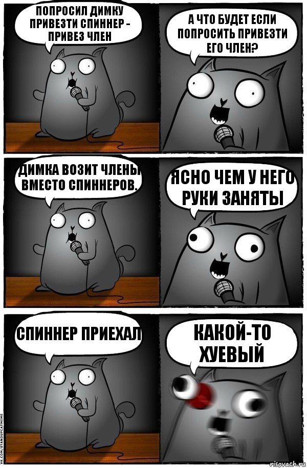 Попросил димку привезти спиннер - привез член А что будет если попросить привезти его член? Димка возит члены вместо спиннеров. Ясно чем у него руки заняты Спиннер приехал Какой-то хуевый, Комикс  Стендап-кот