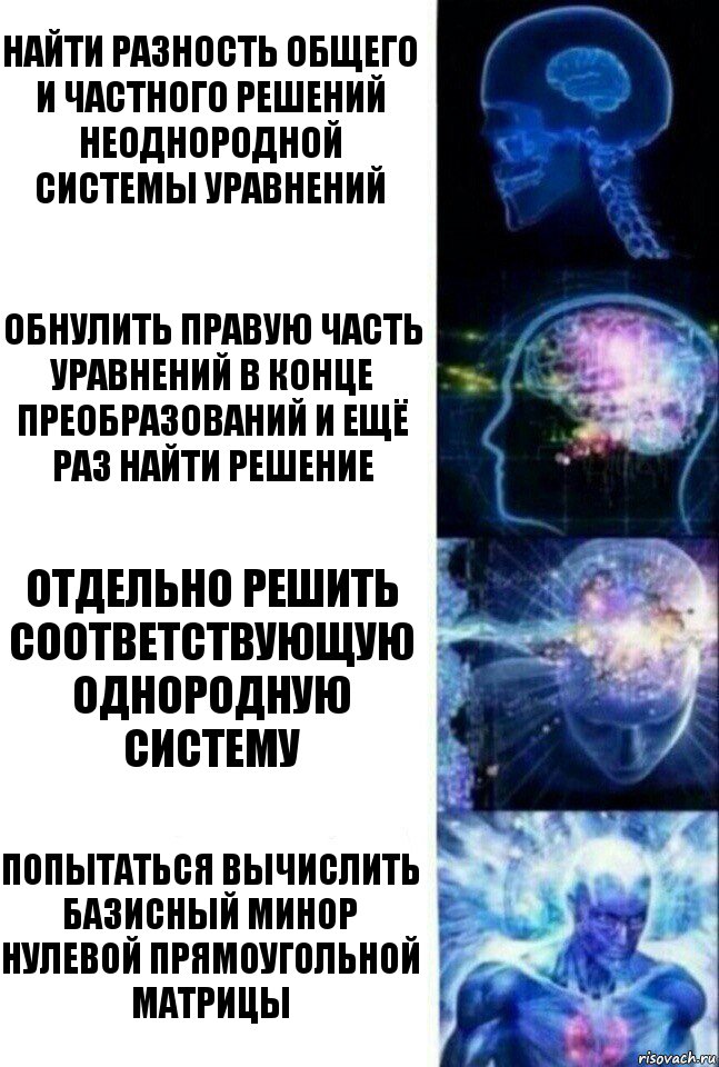 найти разность общего и частного решений неоднородной системы уравнений Обнулить правую часть уравнений в конце преобразований и ещё раз найти решение Отдельно решить соответствующую однородную систему Попытаться вычислить базисный минор нулевой прямоугольной матрицы, Комикс  Сверхразум