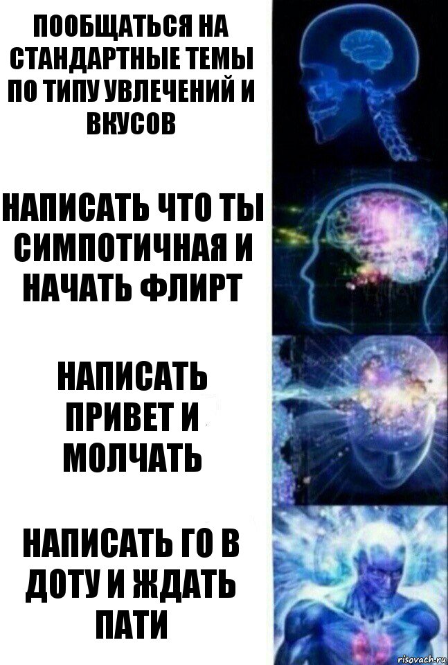 Пообщаться на стандартные темы по типу увлечений и вкусов Написать что ты симпотичная и начать флирт Написать привет и молчать Написать го в доту и ждать пати, Комикс  Сверхразум