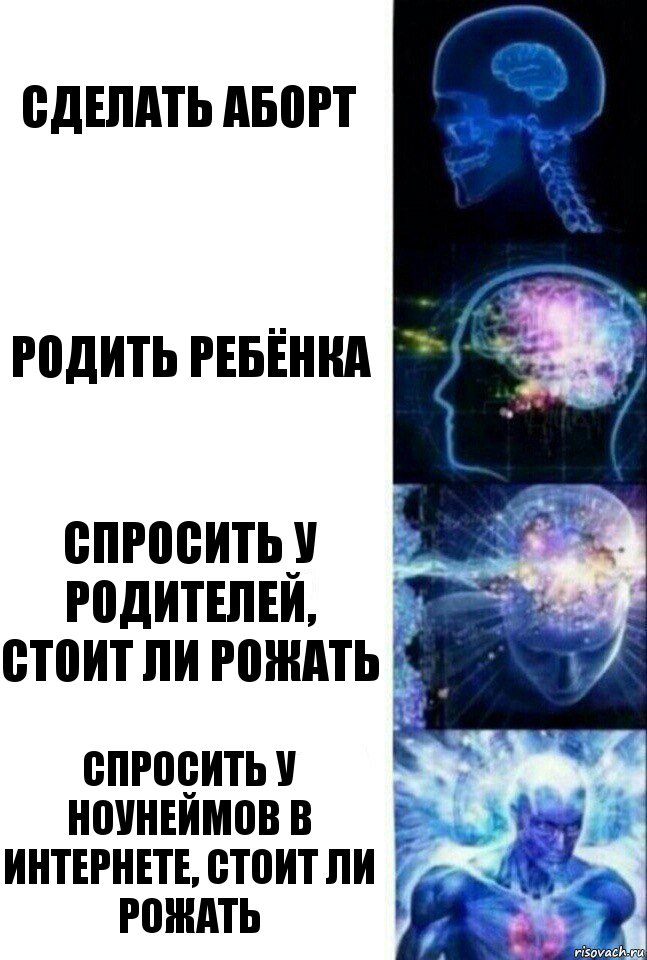 Сделать аборт Родить ребёнка Спросить у родителей, стоит ли рожать Спросить у ноунеймов в интернете, стоит ли рожать, Комикс  Сверхразум