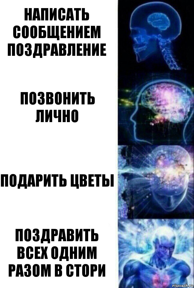 Написать сообщением поздравление Позвонить лично Подарить цветы Поздравить всех одним разом в стори, Комикс  Сверхразум