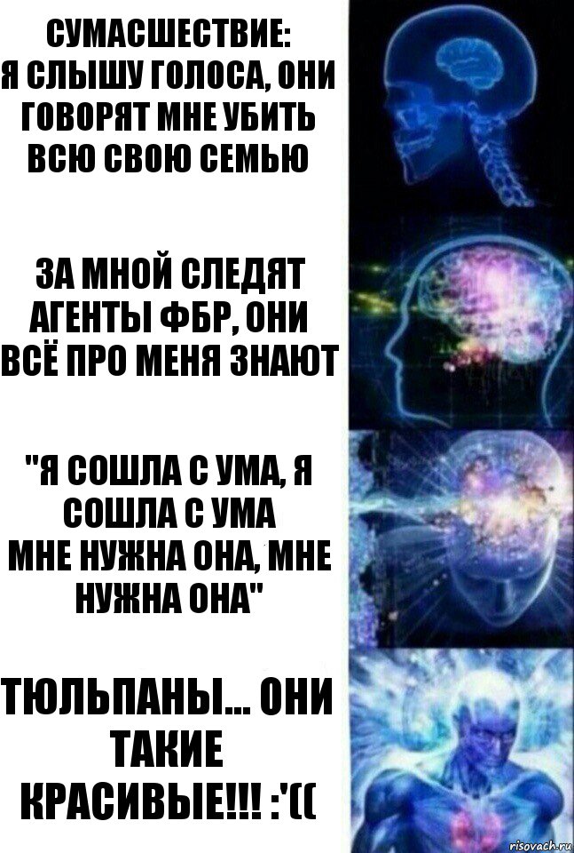 Сумасшествие:
Я слышу голоса, они говорят мне убить всю свою семью За мной следят агенты ФБР, они всё про меня знают "Я сошла с ума, я сошла с ума
Мне нужна она, мне нужна она" Тюльпаны... Они такие красивые!!! :'((, Комикс  Сверхразум