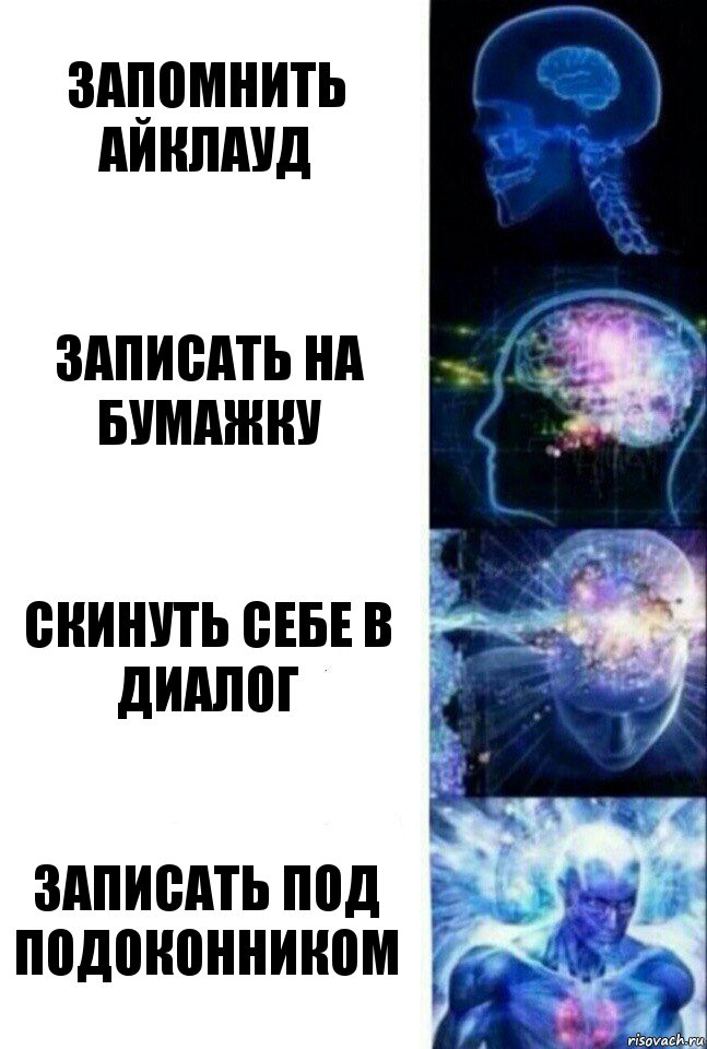 Запомнить айклауд Записать на бумажку Скинуть себе в диалог Записать под подоконником, Комикс  Сверхразум