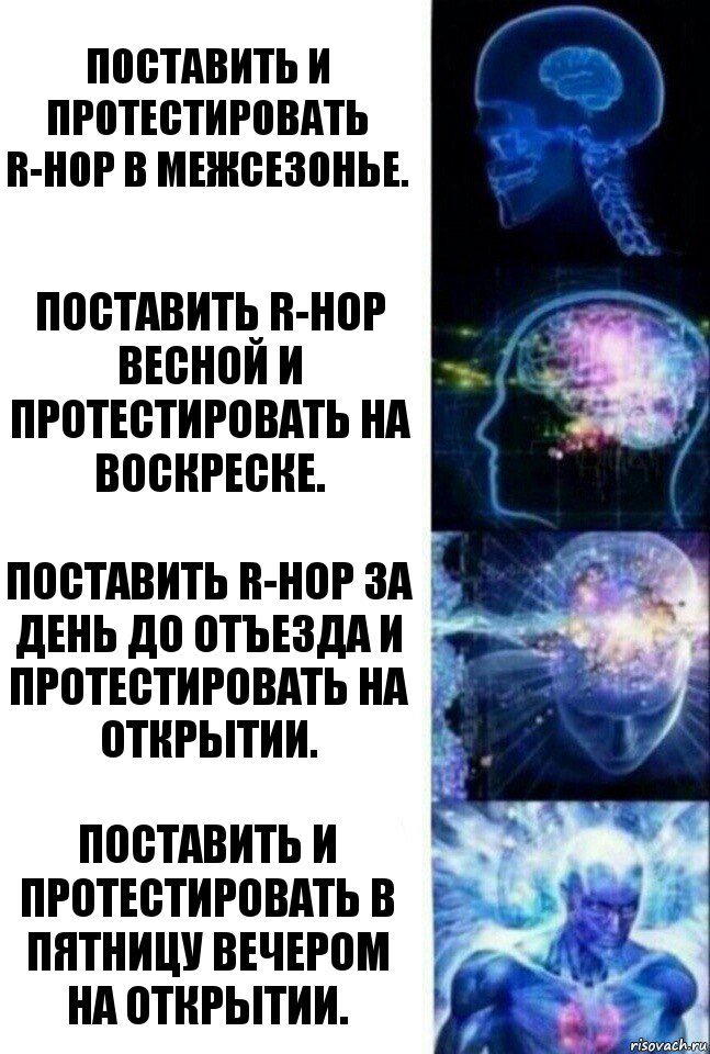 Поставить и протестировать R-hop в межсезонье. Поставить R-hop весной и протестировать на воскреске. Поставить R-hop за день до отъезда и протестировать на открытии. Поставить и протестировать в пятницу вечером на открытии., Комикс  Сверхразум