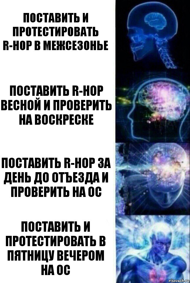 Поставить и протестировать R-hop в межсезонье Поставить R-hop весной и проверить на воскреске Поставить R-hop за день до отъезда и проверить на ОС Поставить и протестировать в пятницу вечером на ОС, Комикс  Сверхразум