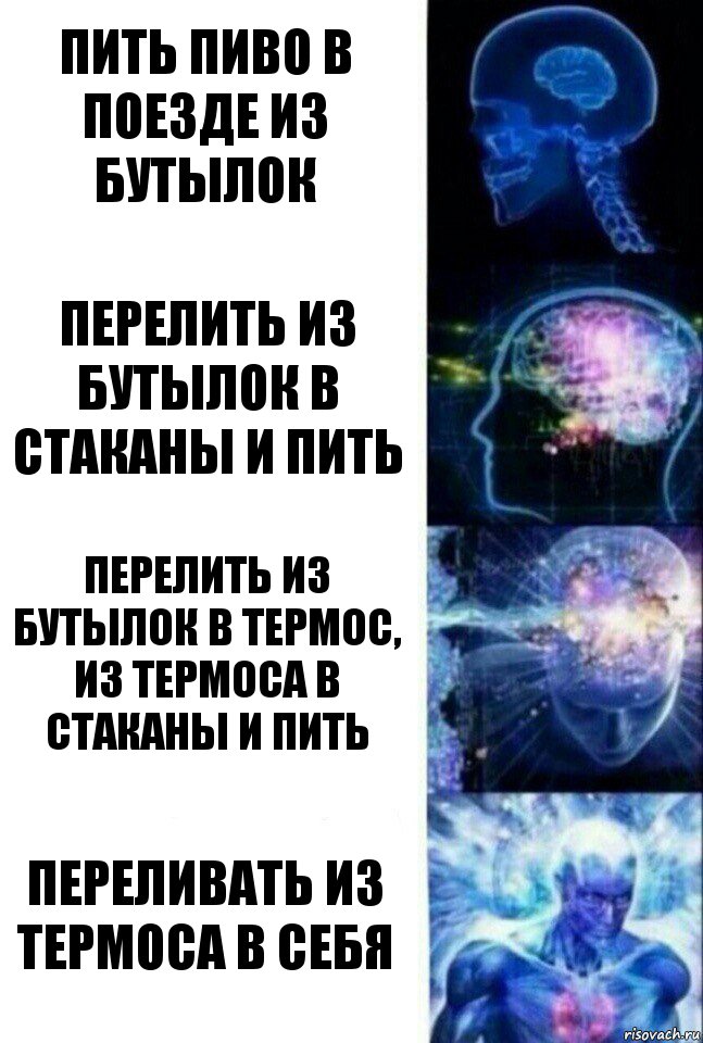 Пить пиво в поезде из бутылок Перелить из бутылок в стаканы и пить Перелить из бутылок в термос, из термоса в стаканы и пить Переливать из термоса в себя, Комикс  Сверхразум