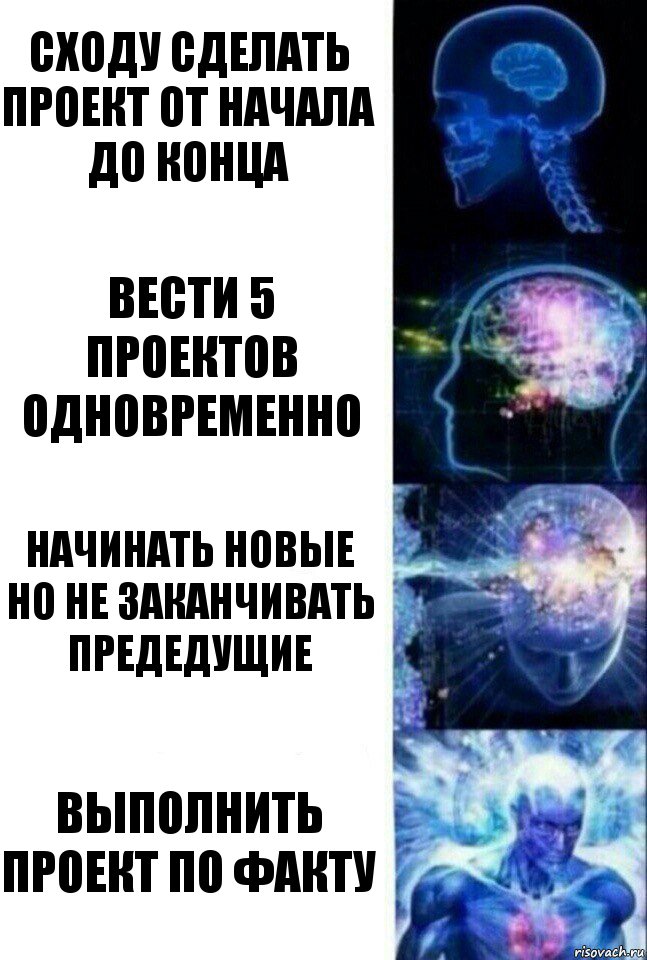 сходу сделать проект от начала до конца вести 5 проектов одновременно начинать новые но не заканчивать предедущие Выполнить проект по факту, Комикс  Сверхразум