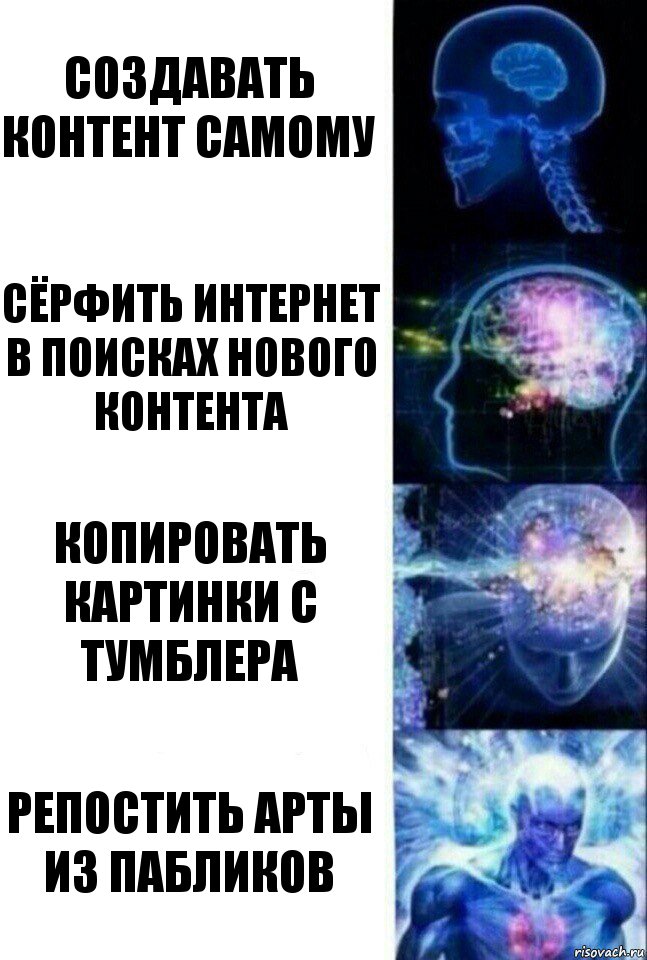 создавать контент самому сёрфить интернет в поисках нового контента копировать картинки с Тумблера репостить арты из пабликов, Комикс  Сверхразум