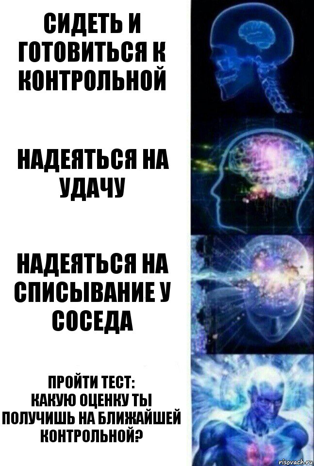 Сидеть и готовиться к контрольной Надеяться на удачу Надеяться на списывание у соседа Пройти тест:
Какую оценку ты получишь на ближайшей контрольной?, Комикс  Сверхразум