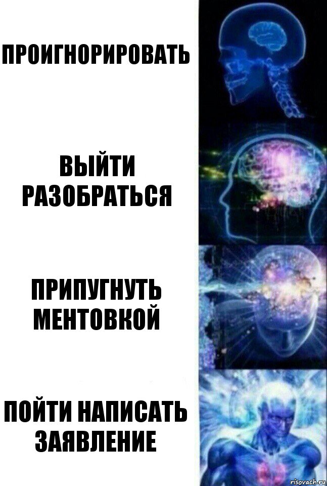 Проигнорировать Выйти разобраться Припугнуть ментовкой Пойти написать заявление, Комикс  Сверхразум