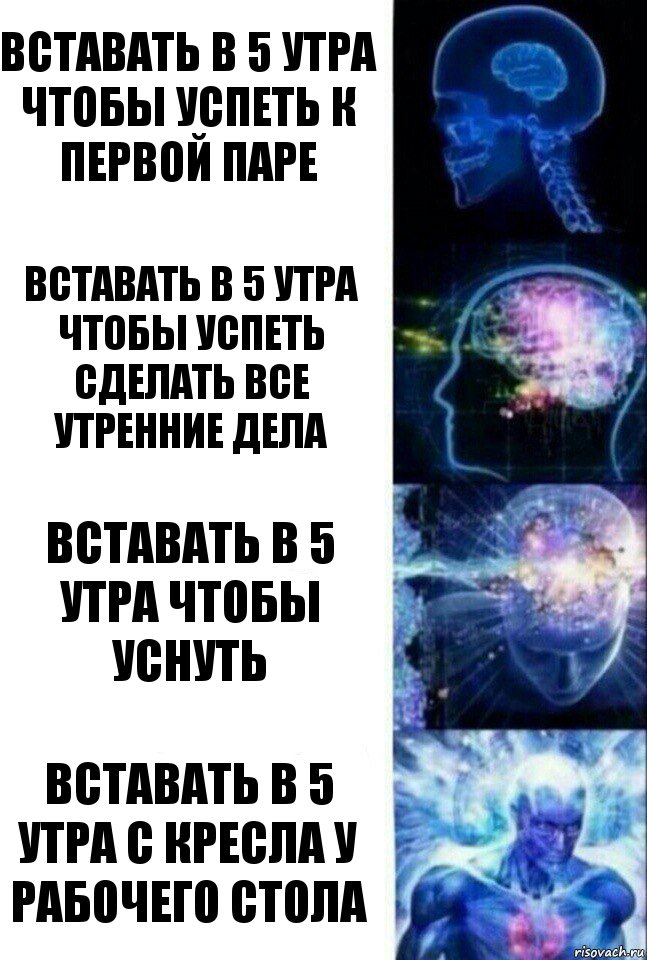 Вставать в 5 утра чтобы успеть к первой паре Вставать в 5 утра чтобы успеть сделать все утренние дела Вставать в 5 утра чтобы уснуть Вставать в 5 утра с кресла у рабочего стола, Комикс  Сверхразум