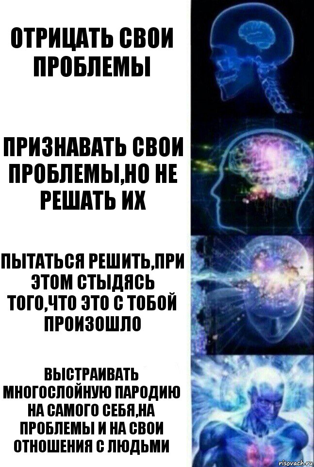 отрицать свои проблемы признавать свои проблемы,но не решать их пытаться решить,при этом стыдясь того,что это с тобой произошло выстраивать многослойную пародию на самого себя,на проблемы и на свои отношения с людьми, Комикс  Сверхразум