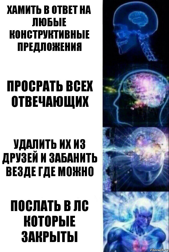 хамить в ответ на любые конструктивные предложения просрать всех отвечающих удалить их из друзей и забанить везде где можно послать в ЛС которые закрыты, Комикс  Сверхразум