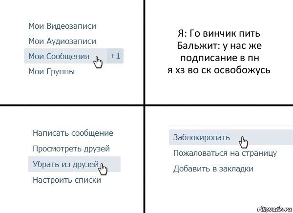 Я: Го винчик пить
Бальжит: у нас же подписание в пн
я хз во ск освобожусь, Комикс  Удалить из друзей