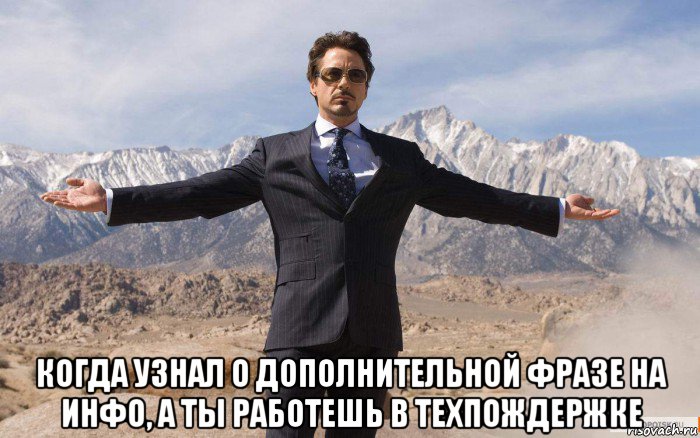  когда узнал о дополнительной фразе на инфо, а ты работешь в техпождержке, Мем железный человек