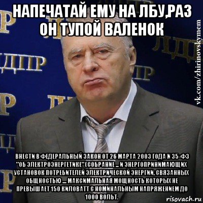 напечатай ему на лбу,раз он тупой валенок внести в федеральный закон от 26 марта 2003 года n 35-фз "об электроэнергетике" (собрание ... и энергопринимающих установок потребителей электрической энергии, связанных общностью .... максимальная мощность которых не превышает 150 киловатт с номинальным напряжением до 1000 вольт., Мем Хватит это терпеть (Жириновский)