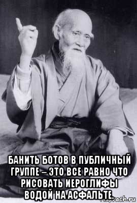  банить ботов в публичный группе – это все равно что рисовать иероглифы водой на асфальте., Мем морихей уэсиба