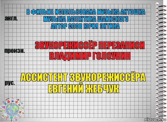 в фильме использована музыка Антошка
музыка Валентина Шаинского
автор слов Юрия Энтина звукорежиссёр перезаписи
Владимир Голоунин ассистент звукорежиссёра
Евгений Жебчук, Комикс  Перевод с английского