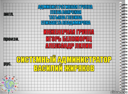 административная группа
Елена Боярская
Татьяна Глезина
Елизавета Владимирова инженерная группа
Игорь Беломорец
Александр Лялин системный администратор
Василий Жиряков, Комикс  Перевод с английского