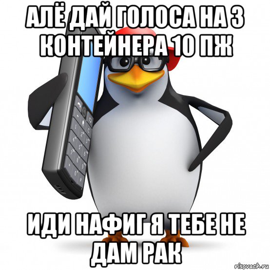 алё дай голоса на 3 контейнера 10 пж иди нафиг я тебе не дам рак, Мем   Пингвин звонит