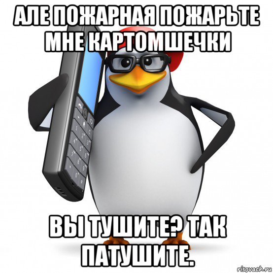 але пожарная пожарьте мне картомшечки вы тушите? так патушите., Мем   Пингвин звонит